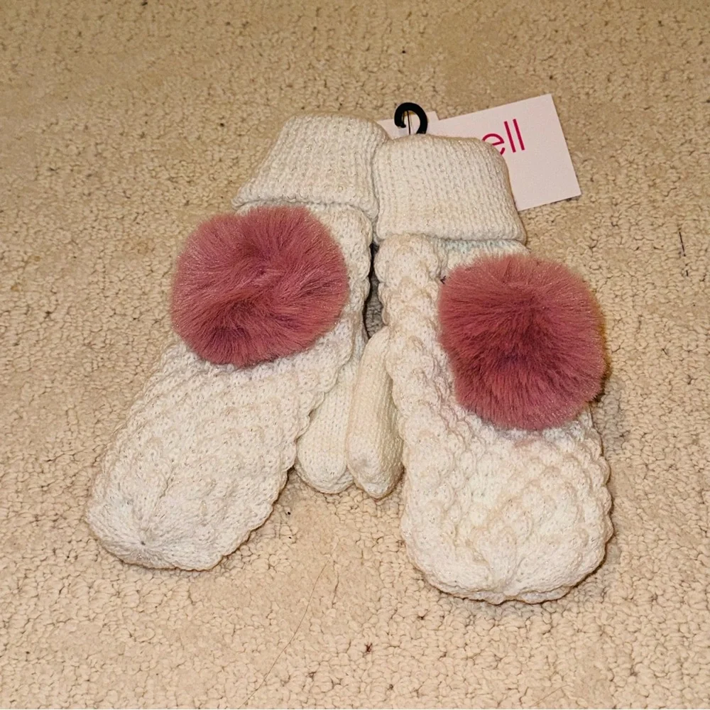 Surell White color Popcorn Knit Girls Mittens with Faux Fur Pink Pom-Pom NWT